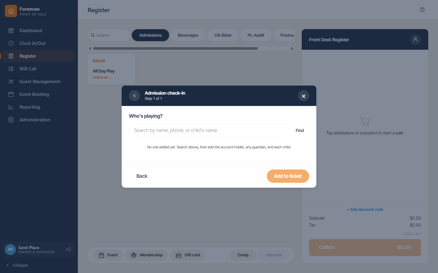 Admissions being rung up on the Omni-Play register