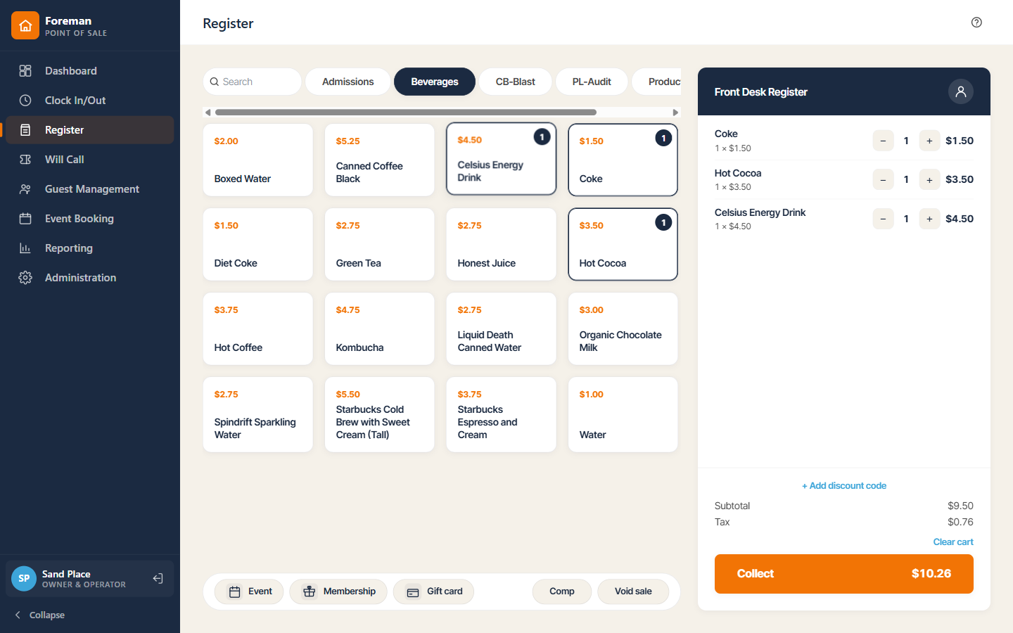The Omni-Play register with a café beverages tab open and an active cart totalling $10.26