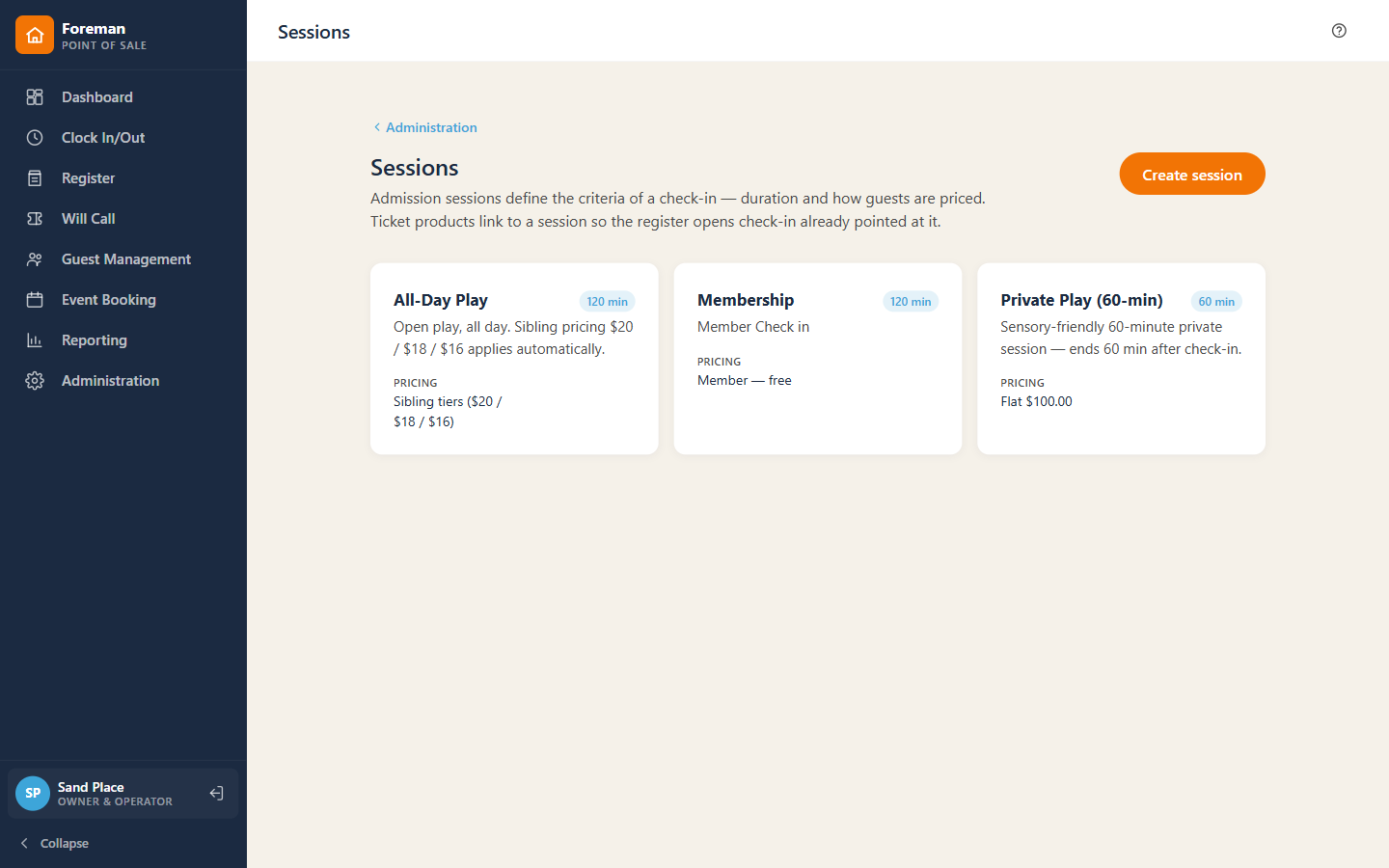 Session and capacity configuration in Omni-Play